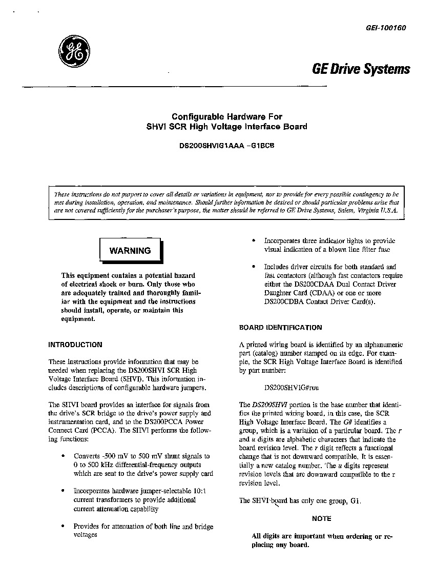 First Page Image of GEI-100160 DS200SHVIG1A Manual SHVI High Voltage Interface Board.pdf